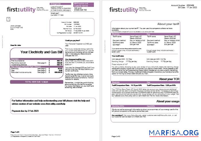 Downloadable United Kingdom First gas and electricity utility bill in Word and PDF formats, 6 pages real example